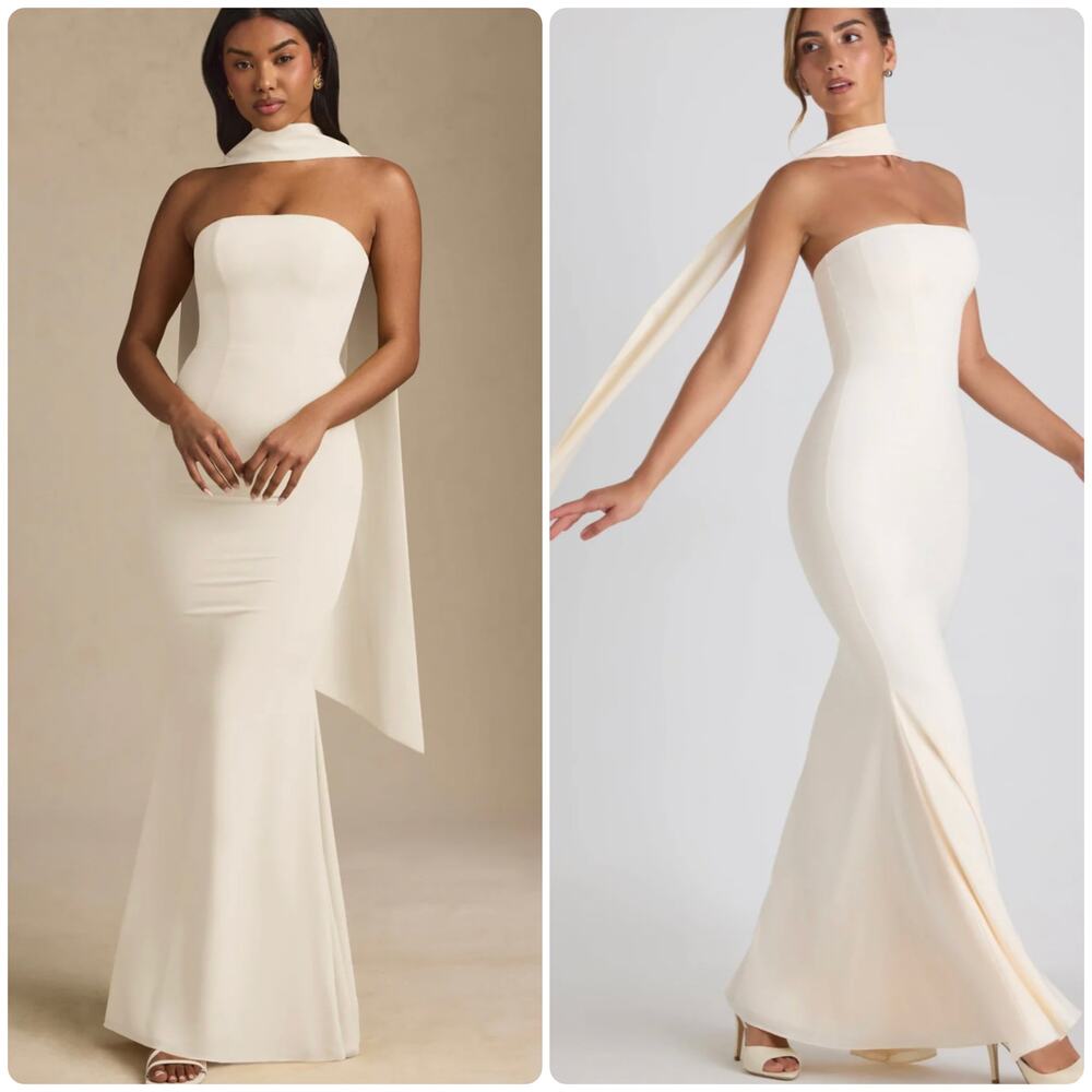 Oh Polly Imogene Scarf-Detail Strapless Gown Maxi Dress in Ivory Size 0